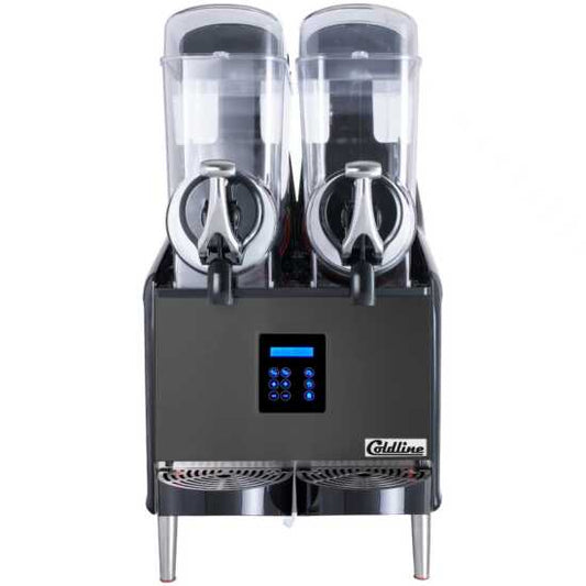 Coldline GRANITA-2X Double 2 Bowl Pourover Granita Slush Machine, 6.4-gallon capacity, designed for serving granitas, slushes, and frozen beverages. Dual bowls allow for efficient high-volume dispensing.