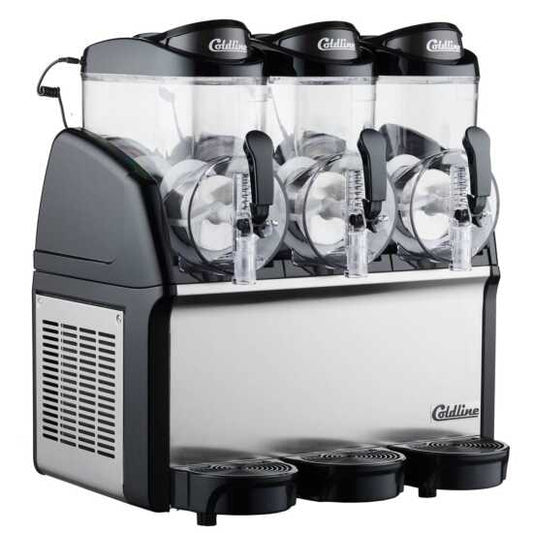 Coldline GRANITA-3N Triple 3 Bowl Pourover Granita Slush Machine, 9-gallon capacity, perfect for high-volume serving of granitas, slushes, and frozen drinks. Features triple bowls for efficient dispensing.