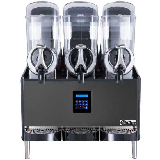 Coldline GRANITA-3X Triple 3 Bowl Pourover Granita Slush Machine, 9.6-gallon capacity, ideal for high-volume serving of granitas, slushes, and frozen drinks. Features three bowls for efficient, versatile dispensing.