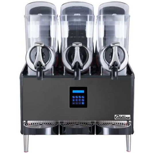 Coldline GRANITA-3X Triple 3 Bowl Pourover Granita Slush Machine, 9.6-gallon capacity, ideal for high-volume serving of granitas, slushes, and frozen drinks. Features three bowls for efficient, versatile dispensing.