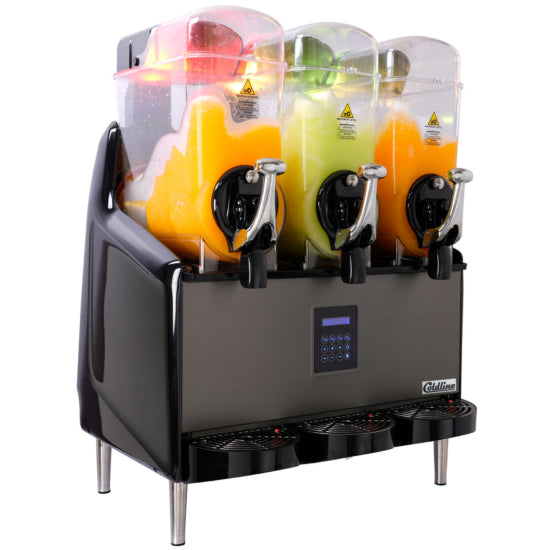 Coldline GRANITA-3X Triple 3 Bowl Pourover Granita Slush Machine, 9.6-gallon capacity, ideal for high-volume serving of granitas, slushes, and frozen drinks. Features three bowls for efficient, versatile dispensing.