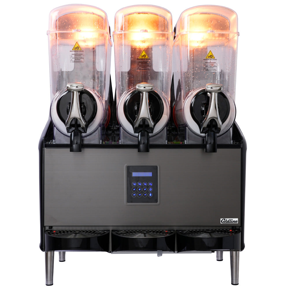 Coldline GRANITA-3X Triple 3 Bowl Pourover Granita Slush Machine, 9.6-gallon capacity, ideal for high-volume serving of granitas, slushes, and frozen drinks. Features three bowls for efficient, versatile dispensing.