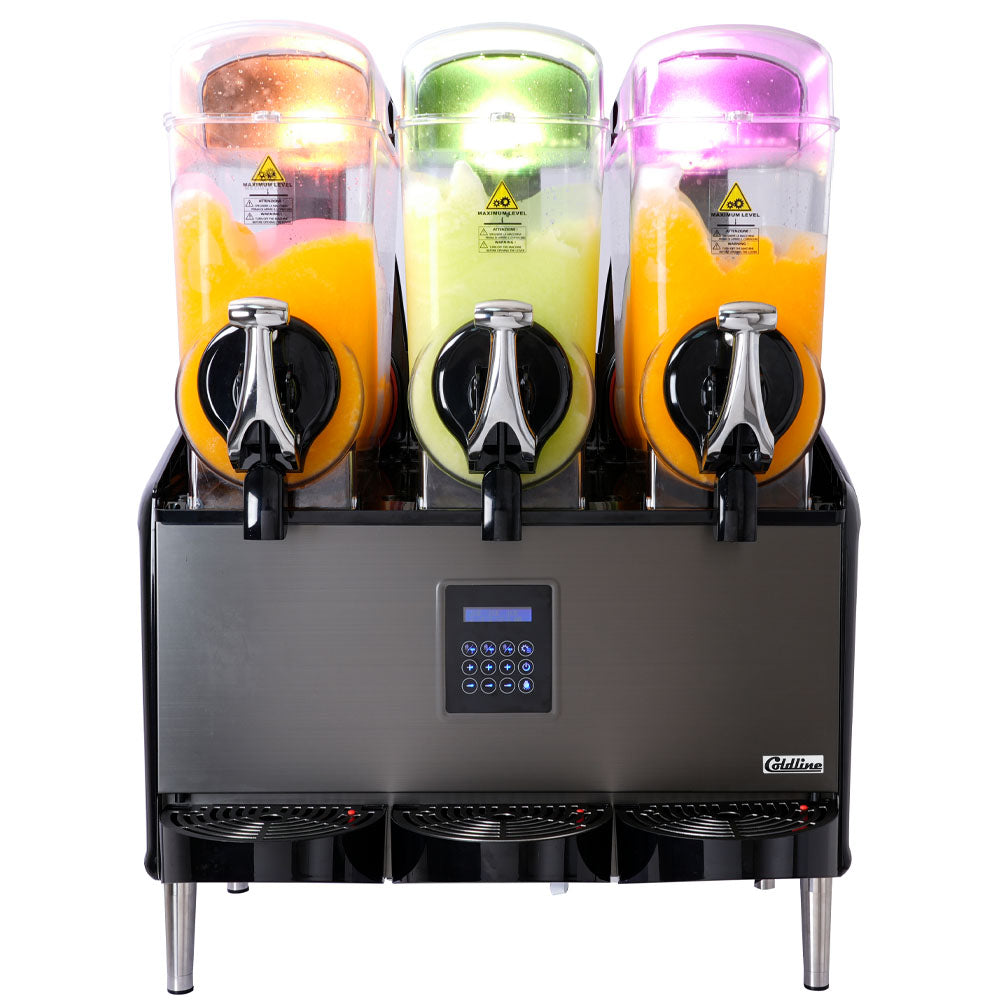 Coldline GRANITA-3X Triple 3 Bowl Pourover Granita Slush Machine, 9.6-gallon capacity, ideal for high-volume serving of granitas, slushes, and frozen drinks. Features three bowls for efficient, versatile dispensing.