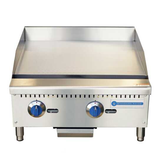 Standard Range SR-G24-M 24" commercial countertop 2 burner gas griddle with manual controls, providing 60,000 BTUs, perfect for efficiently cooking multiple items in busy restaurant and food service kitchens.