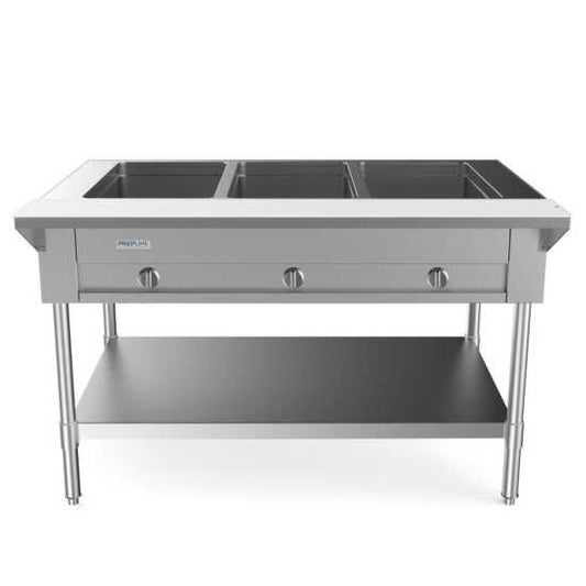 Prepline 48" three-well gas hot food steam table with undershelf is an essential equipment for commercial kitchens and catering operations. This steam table features three spacious wells, designed to keep a variety of dishes hot and ready for service, perfect for buffets and food service events. Constructed from durable stainless steel, it offers long-lasting performance and resistance to rust and corrosion. The undershelf provides additional storage space for utensils and supplies, enhancing workspace effi
