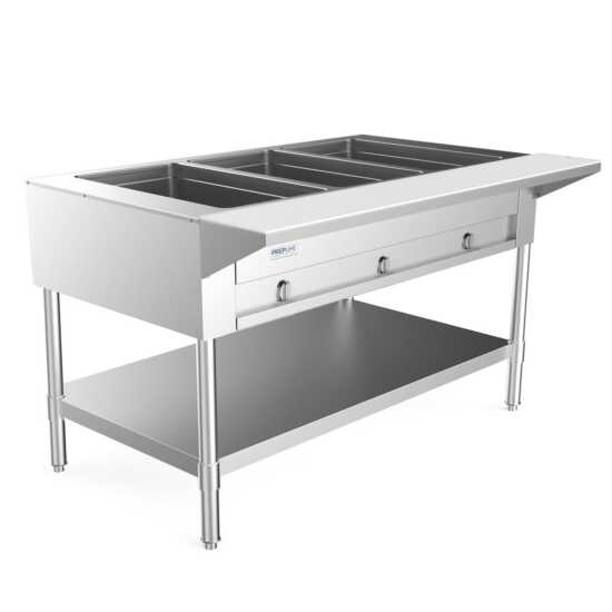 Prepline 48" three-well gas hot food steam table with undershelf is an essential equipment for commercial kitchens and catering operations. This steam table features three spacious wells, designed to keep a variety of dishes hot and ready for service, perfect for buffets and food service events. Constructed from durable stainless steel, it offers long-lasting performance and resistance to rust and corrosion. The undershelf provides additional storage space for utensils and supplies, enhancing workspace effi
