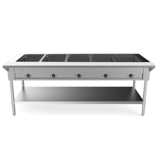 Prepline 74" five-well electric hot food steam table with undershelf operates at 208/240V and 3700W, making it an essential piece of equipment for large-scale commercial kitchens and catering services. This steam table features five spacious wells designed to keep a variety of dishes hot and ready for serving, ideal for buffets and high-volume food service events. Constructed from durable stainless steel, it ensures long-lasting performance and resistance to rust and corrosion.