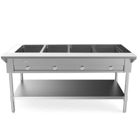 Prepline 60" four-well gas hot food steam table with undershelf is an essential piece of equipment for commercial kitchens and catering services. This steam table features four spacious wells designed to keep a variety of dishes hot and ready for serving, making it ideal for buffets and large-scale food service events. The robust stainless steel construction ensures durability and resistance to rust and corrosion, while the undershelf provides convenient storage for utensils and supplies, optimizing workspa