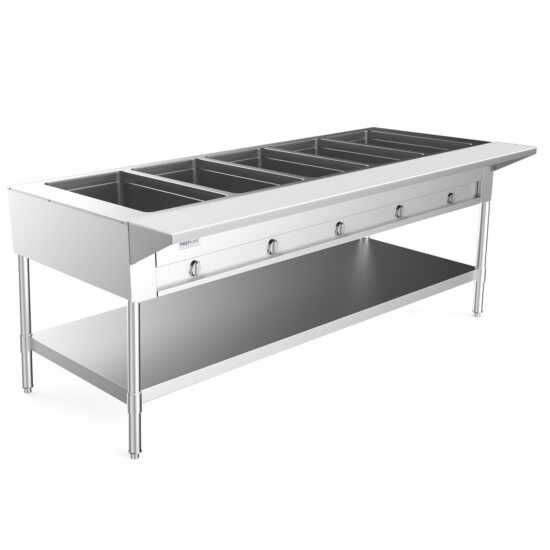 Prepline 74" five-well gas hot food steam table with undershelf is a vital addition to commercial kitchens and catering operations. This steam table features five spacious wells, designed to keep a variety of dishes hot and ready for serving, making it ideal for buffets and large-scale food service events. Constructed from durable stainless steel, it provides long-lasting performance and resistance to rust and corrosion. The undershelf offers additional storage space for utensils and supplies, enhancing wor