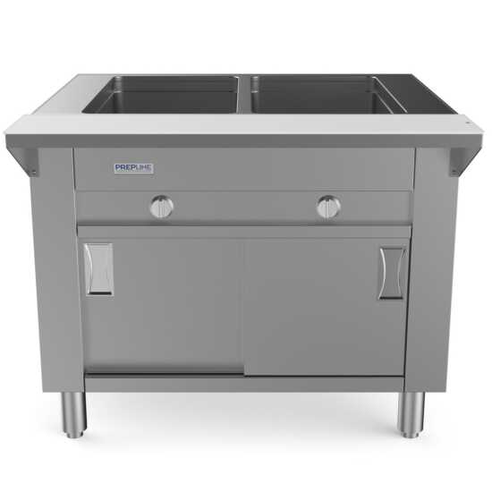 Prepline 32" Two Pan Sealed Well Gas Hot Food Steam Table with enclosed base and sliding doors, perfect for keeping dishes warm in small commercial kitchens. Features easy access and efficient heating for buffets and catering.