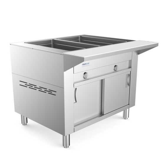 Prepline 32" Two Pan Sealed Well Gas Hot Food Steam Table with enclosed base and sliding doors, perfect for keeping dishes warm in small commercial kitchens. Features easy access and efficient heating for buffets and catering.