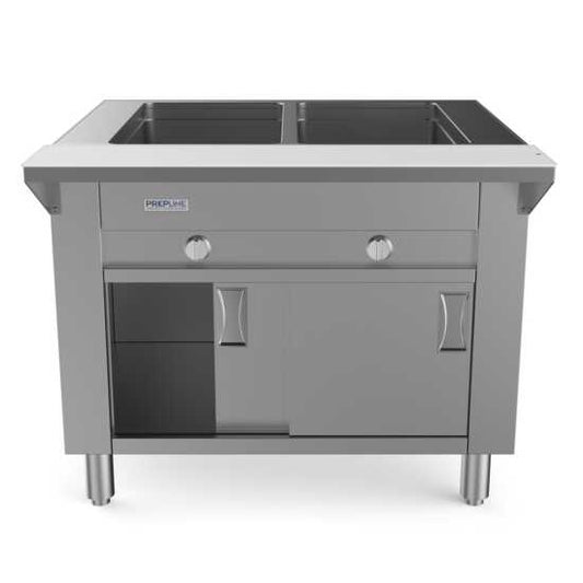 Prepline 32" Two Pan Sealed Well Gas Hot Food Steam Table with enclosed base and sliding doors, perfect for keeping dishes warm in small commercial kitchens. Features easy access and efficient heating for buffets and catering.