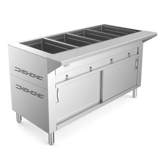 Prepline 60" Four Pan Sealed Well Gas Hot Food Steam Table with enclosed base and sliding doors, ideal for keeping multiple dishes warm in restaurants and catering. Features reliable heating and easy access for efficient service.