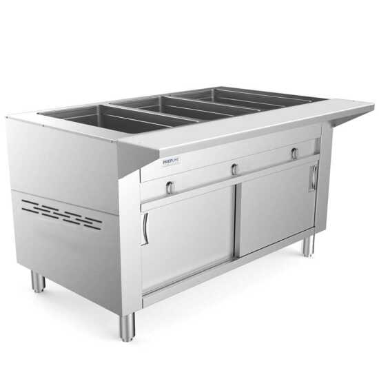 Prepline 48" Three Pan Sealed Well Gas Hot Food Steam Table with enclosed base and sliding doors, designed for efficient food warming in commercial kitchens. Ideal for buffets and catering with easy access and reliable heating.