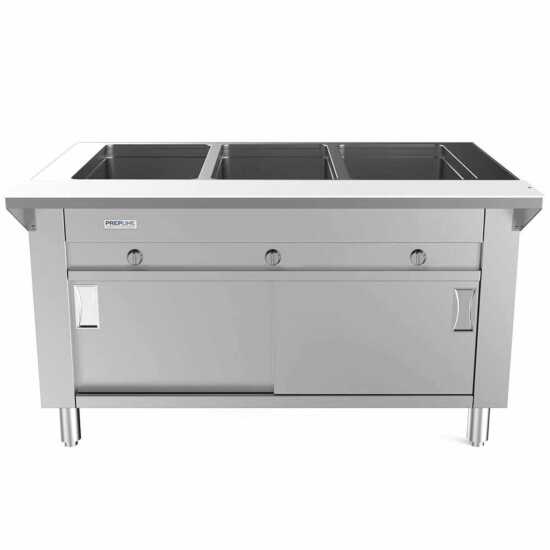 Prepline 48" Three Pan Sealed Well Gas Hot Food Steam Table with enclosed base and sliding doors, designed for efficient food warming in commercial kitchens. Ideal for buffets and catering with easy access and reliable heating.
