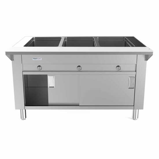 Prepline 48" Three Pan Sealed Well Gas Hot Food Steam Table with enclosed base and sliding doors, designed for efficient food warming in commercial kitchens. Ideal for buffets and catering with easy access and reliable heating.