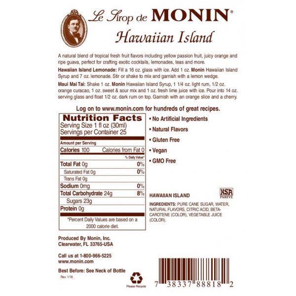 Monin Hawaiian Island Syrup 750 mL Bottle additional product image