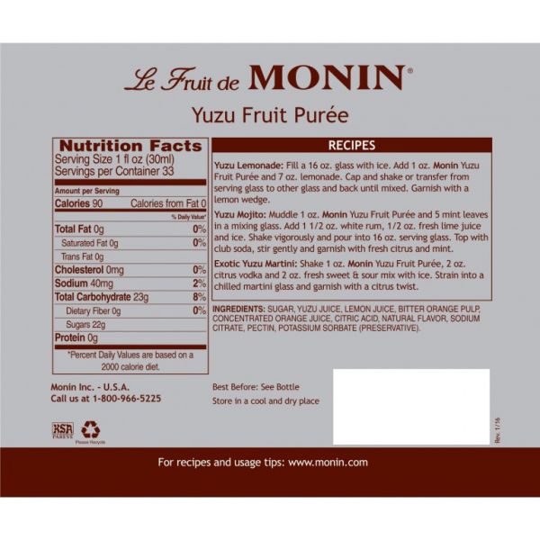 Monin Yuzu Fruit Puree 1 L Bottle additional product image