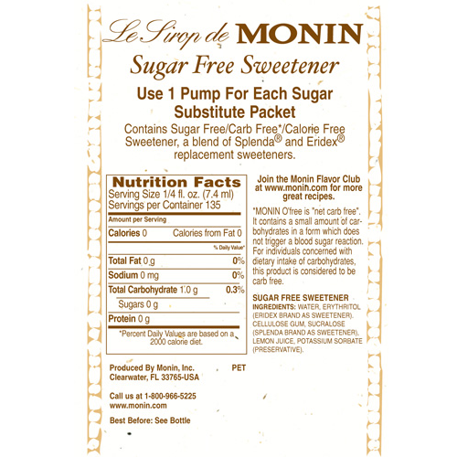 Monin Sugar Free Sweetener Syrup 1 L Bottle additional product image