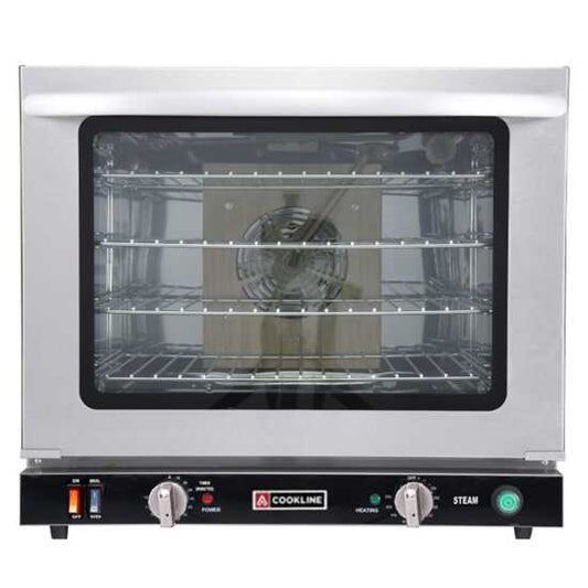 Cookline HCVE-32-240 23" Commercial Half Size Electric Countertop Convection Oven with Steam Injection, 220V, designed for versatile cooking and baking in commercial kitchens, enhancing food quality with steam.