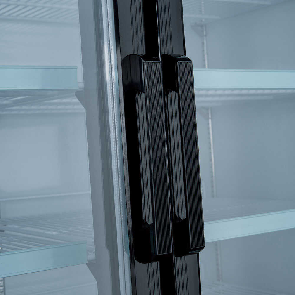 diser freezer with LED lighting and a black exterior. This large unit features three glass doors for easy access and visibility of frozen products, ideal for high-traffic retail or foodservice settings. The LED lighting ensures bright illumination, enhancing product presentation. The sleek black finish adds a modern touch, while the spacious interior allows for efficient organization and display of frozen goods.