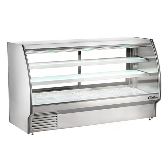 Coldline HDC84 84-inch refrigerated curved glass high meat deli case with rear storage, featuring a spacious design and enhanced visibility for showcasing meats and deli products in commercial settings.
