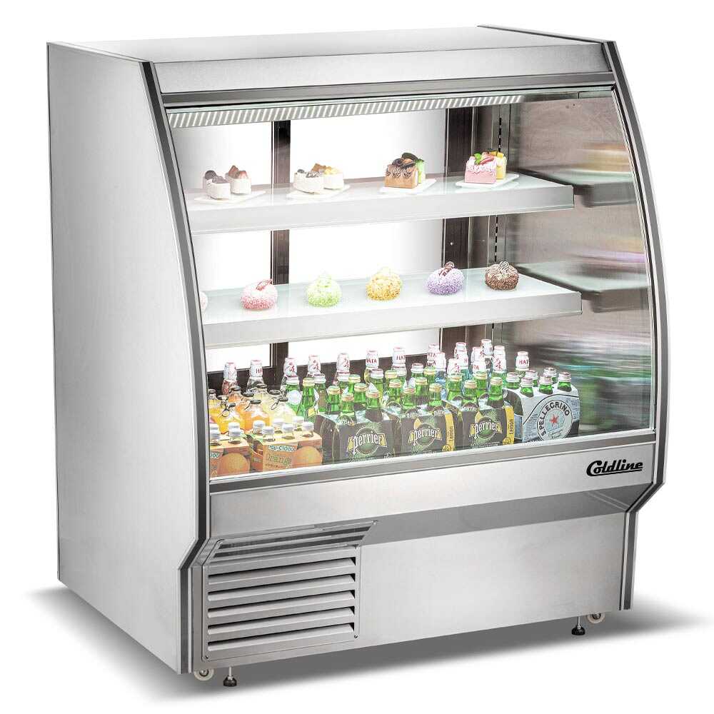 48-inch refrigerated deli case with curved glass for enhanced product visibility and rear storage for easy access and restocking. Perfect for displaying and preserving meat products in retail settings.