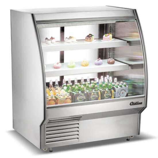 Coldline HDC48 48-inch refrigerated curved glass high meat deli case with rear storage, offering a sleek design and optimal visibility for showcasing meats and deli items in commercial settings.