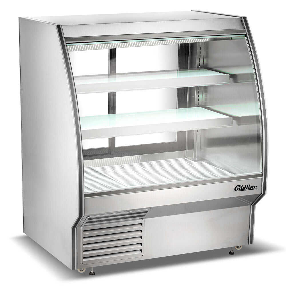 48-inch refrigerated deli case with curved glass for enhanced product visibility and rear storage for easy access and restocking. Perfect for displaying and preserving meat products in retail settings.