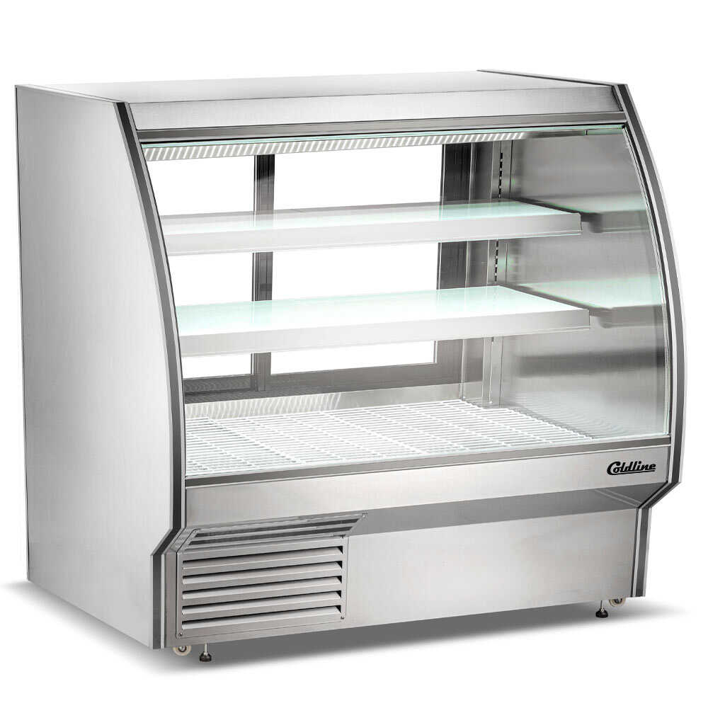 72-inch refrigerated deli case with curved glass for optimal product visibility and rear storage for convenient restocking. Ideal for showcasing and preserving meat products in retail environments.