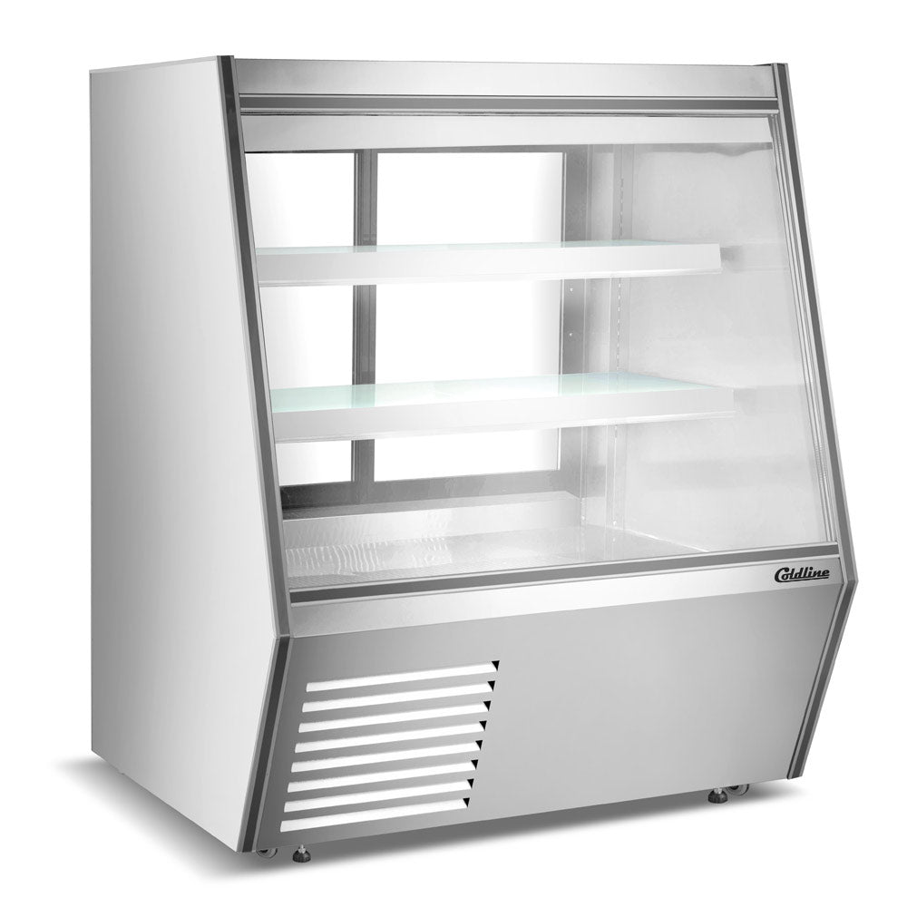 The Coldline HDL48 is a 48-inch refrigerated slanted glass high meat deli case with rear storage, providing an attractive display for fresh meats and convenient rear access for additional storage needs.