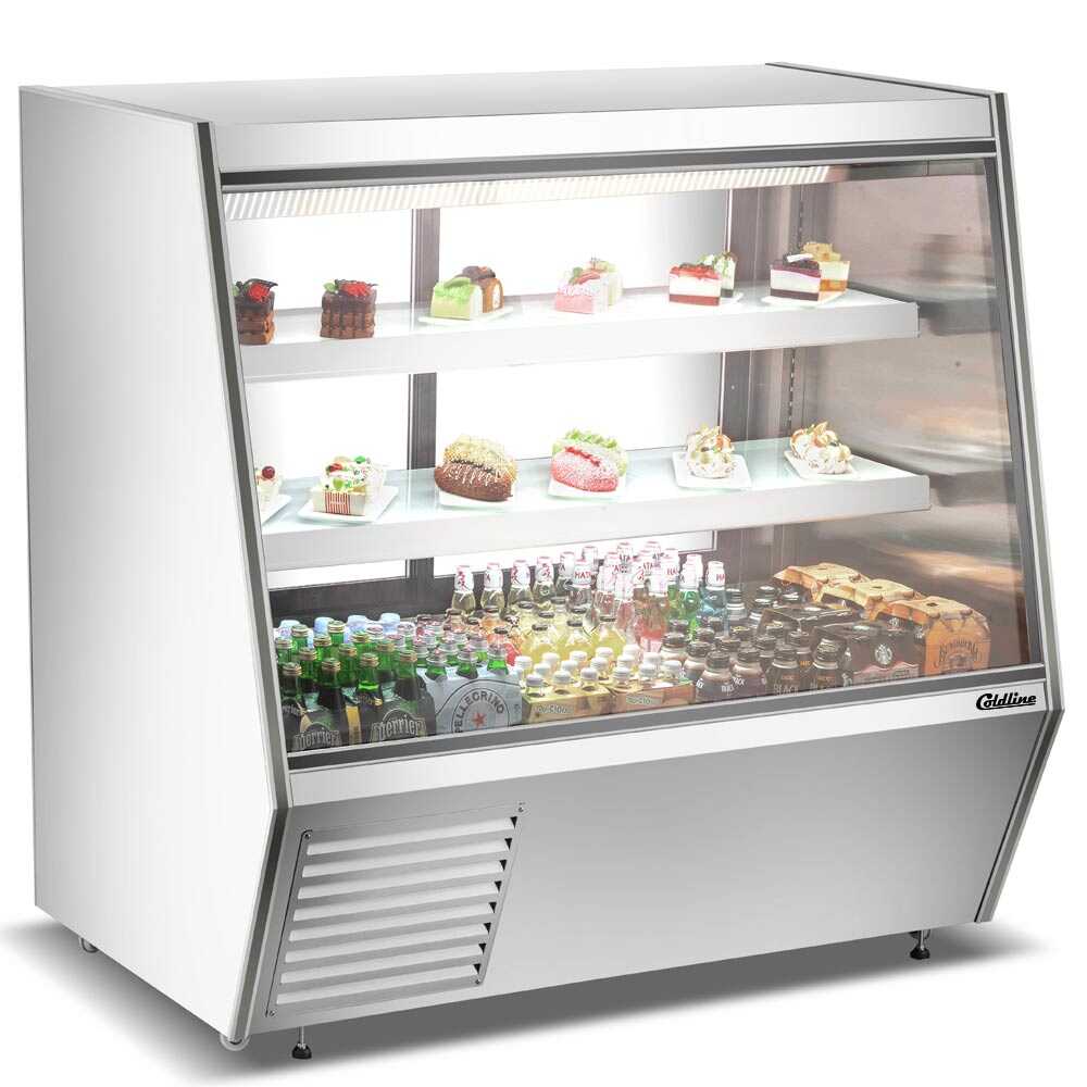 The Coldline HDL60 60" Refrigerated Slanted Glass High Meat Deli Case with Rear Storage, providing an attractive display for fresh meats and convenient rear access for additional storage needs.