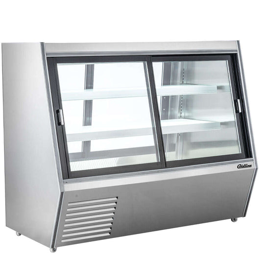Coldline HDL60-DS 60-inch dual-service refrigerated high meat deli case with rear storage, designed with front and rear sliding glass doors for easy access and enhanced product presentation in commercial settings.