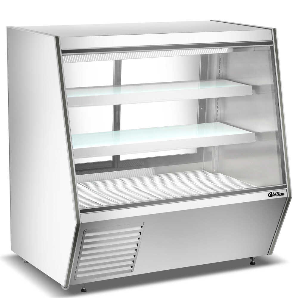 The Coldline HDL60 60" Refrigerated Slanted Glass High Meat Deli Case with Rear Storage, providing an attractive display for fresh meats and convenient rear access for additional storage needs.