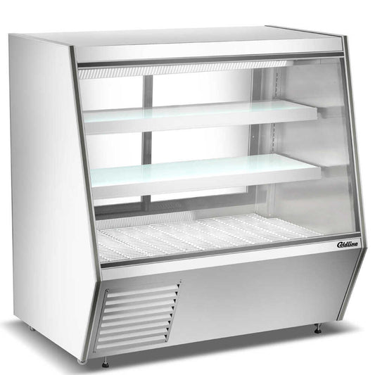 The Coldline HDL60 60" Refrigerated Slanted Glass High Meat Deli Case with Rear Storage, providing an attractive display for fresh meats and convenient rear access for additional storage needs.