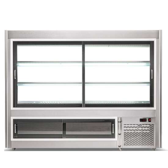 Coldline HDL72-DS 72-inch dual-service refrigerated high meat deli case with rear storage, featuring front and rear sliding glass doors for convenient access and attractive product display in commercial environments.