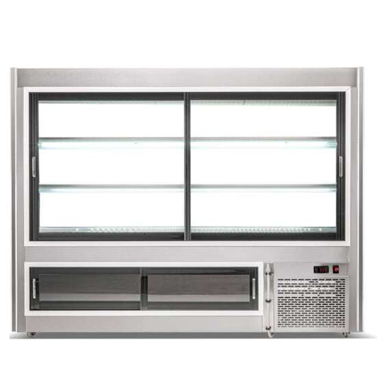 Coldline HDL72-DS 72-inch dual-service refrigerated high meat deli case with rear storage, featuring front and rear sliding glass doors for convenient access and attractive product display in commercial environments.