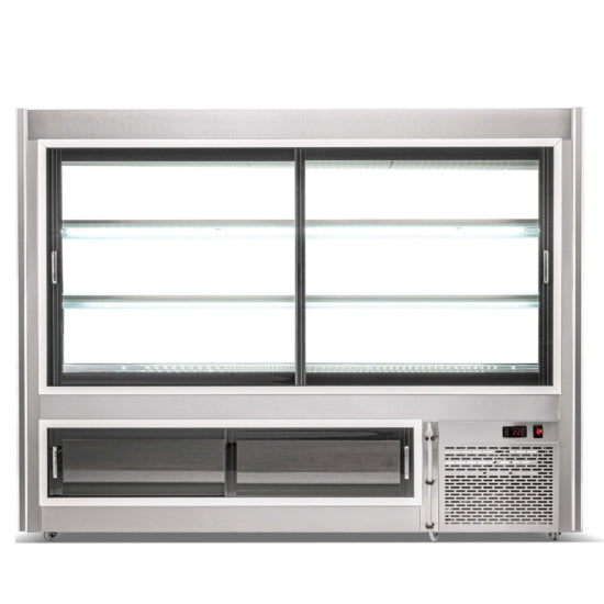 Coldline HDC48 48-inch refrigerated curved glass high meat deli case with rear storage, offering a sleek design and optimal visibility for showcasing meats and deli items in commercial settings.