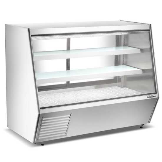 72-inch refrigerated deli case with slanted glass for clear product display and rear storage for easy restocking. Perfect for showcasing and preserving meat products in retail settings.