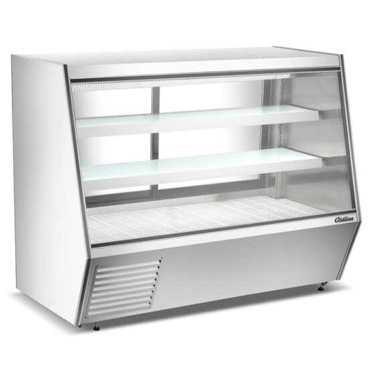 72-inch refrigerated deli case with slanted glass for clear product display and rear storage for easy restocking. Perfect for showcasing and preserving meat products in retail settings.