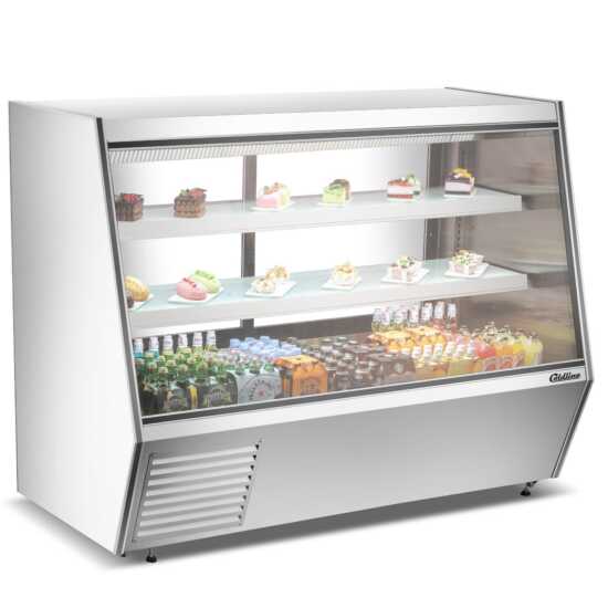 72-inch refrigerated deli case with slanted glass for clear product display and rear storage for easy restocking. Perfect for showcasing and preserving meat products in retail settings.