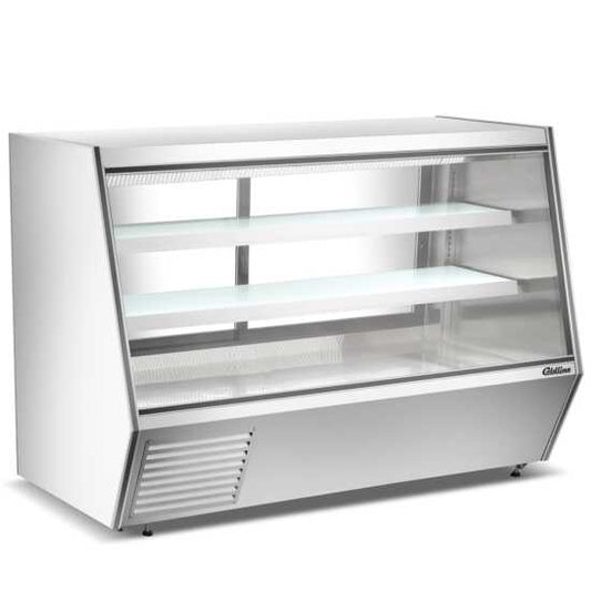 84-inch refrigerated deli case with slanted glass for optimal product visibility and rear storage for convenient restocking. Ideal for displaying and keeping meat products fresh in retail environments.