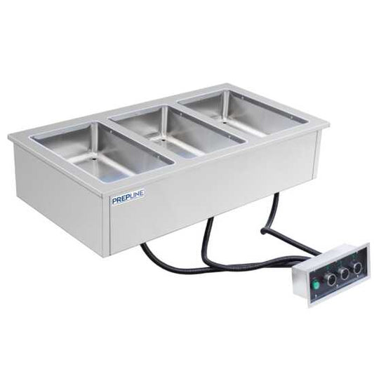 Prepline HFW3 Stainless Steel Three Pan Insulated Drop-In Hot Food Well, 208/240V - Perfect for warming and serving three food pans in restaurants, buffets, and catering services with high efficiency.