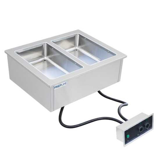 Prepline HFW2 Stainless Steel Two Pan Insulated Drop-In Hot Food Well, 120V - Designed for keeping two food pans hot and ready for serving in restaurants, buffets, and catering services.