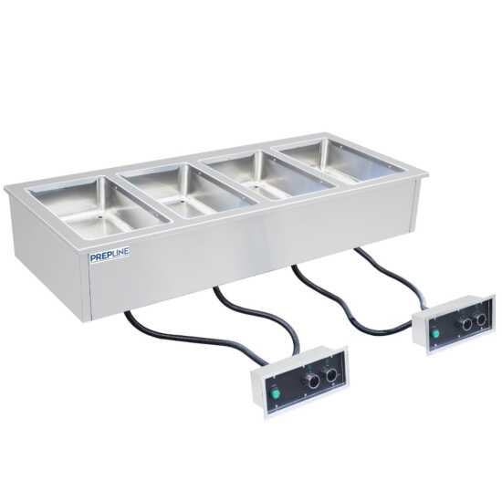 Prepline HFW4 Stainless Steel Four Pan Insulated Drop-In Hot Food Well, 208/240V - Ideal for keeping four pans of food warm in restaurants, buffets, and catering with efficient heating and insulation.
