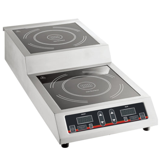 Cookline IC-3600S Double Countertop Step-Up Induction Range/Cooker, featuring two induction burners with a sleek stainless steel design, a step-up configuration for convenient access to both burners, and an energy-efficient 3600W output, ideal for professional kitchens. Powered by 208-240V for reliable and consistent cooking performance.