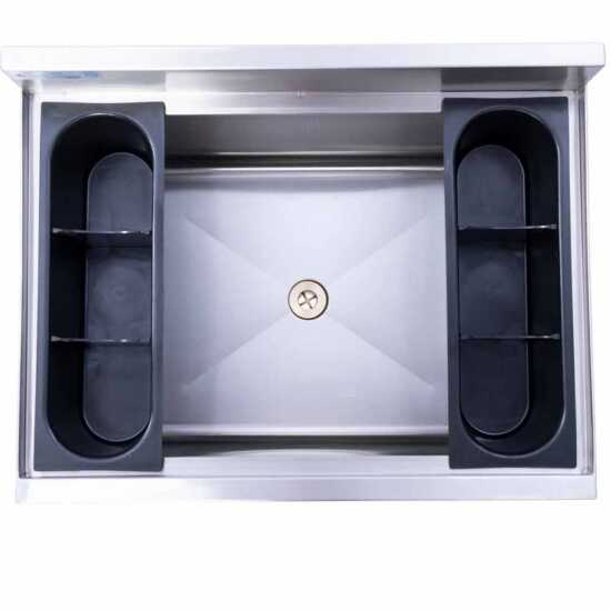 The Prepline 18" x 36" stainless steel underbar ice bin (119 lb. capacity) features a 12" bowl depth, offering ample ice storage and easy access, perfect for enhancing beverage service in commercial bars.