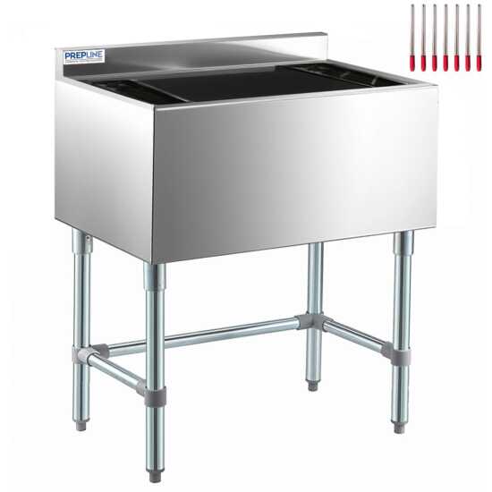 The Prepline 18" x 36" underbar ice bin with a 119 lb. capacity features a 7 circuit cold plate and bottle holders, designed for efficient ice storage and organization, enhancing beverage service in commercial bars.