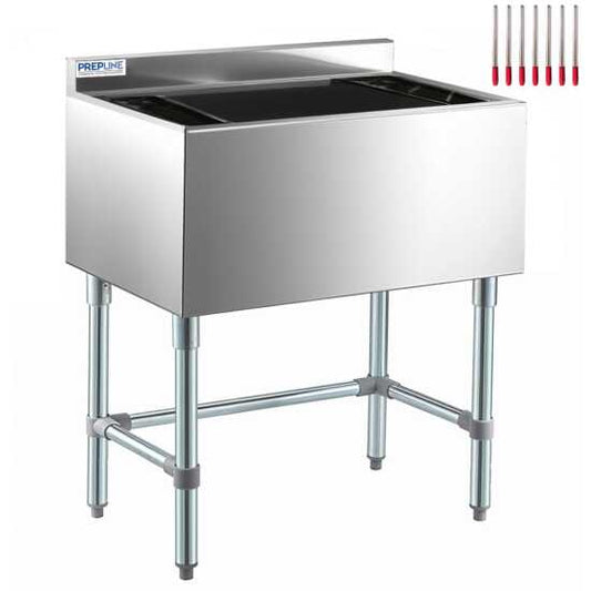 The Prepline 18" x 36" underbar ice bin with a 119 lb. capacity features a 7 circuit cold plate and bottle holders, designed for efficient ice storage and organization, enhancing beverage service in commercial bars.