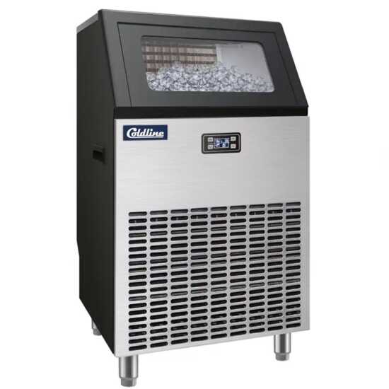 Coldline EIC200 22-inch commercial full cube ice machine with a 50 lb. bin, air-cooled. Ideal for businesses, this compact unit produces 200 lbs. of ice per day and features a convenient storage bin.